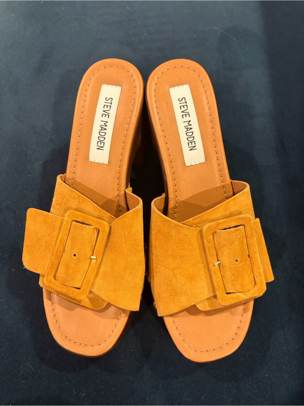 Steve Madden Suede Buckle Slide Sandals in Mustard Yellow